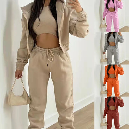 Women's 3-piece Trousers Velvet Hooded Sweatshirt Sports Casual Outfit Casual Long Sleeve Ribbed High Waist Pant Suits Sporty