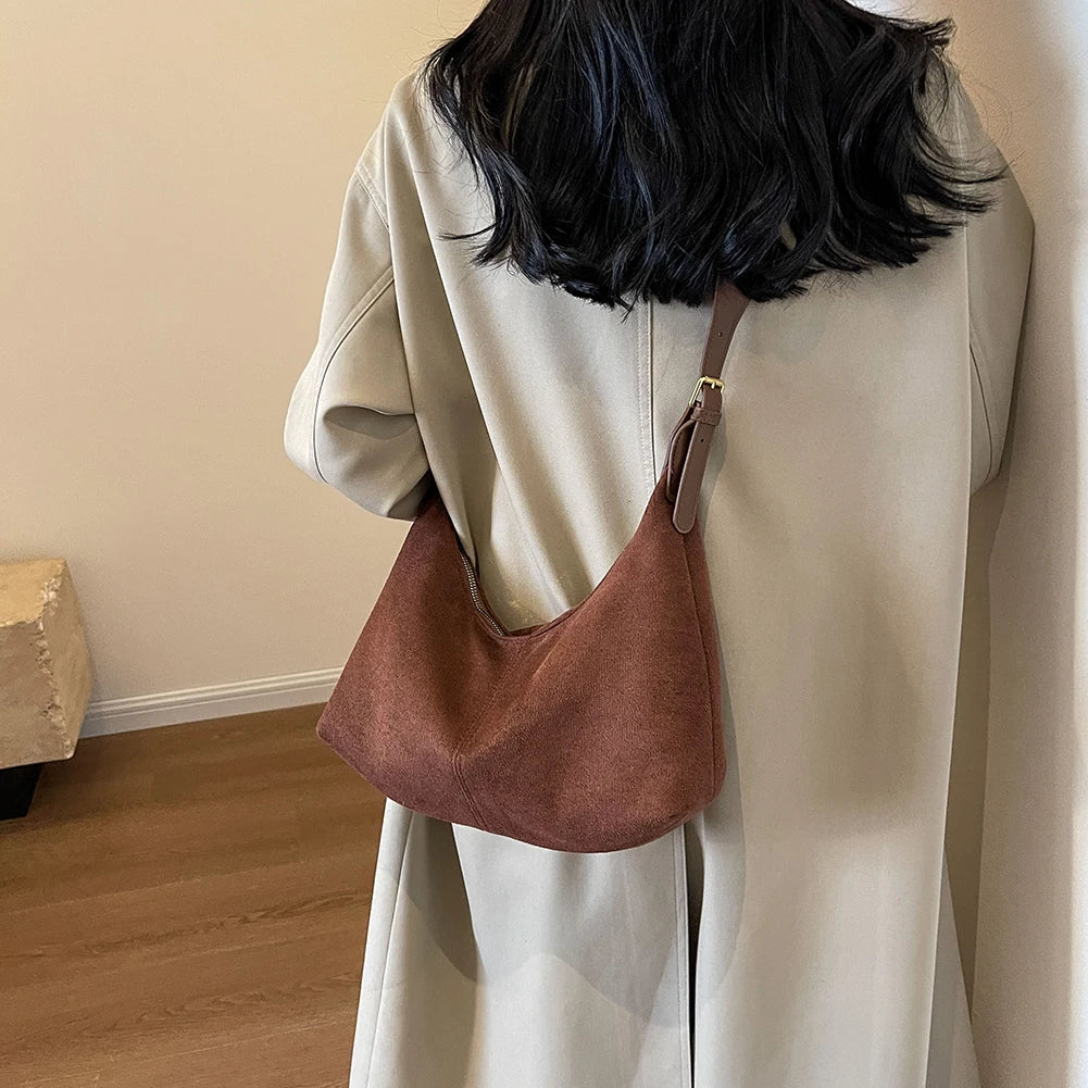 Vintage Handbag Purse for Women Suede Shoulder Bag Causal Crossbody Bags Female Luxury Designer Clutch Ladies Crescent Hobo Bag