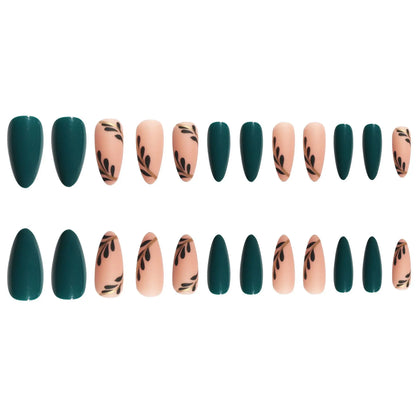 24pcs/box Women Long Almond Shaped False Nails Green Leaves Diy Fake Nail Artificial Acrylic Wearable Full Coverage Fingernail