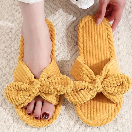Summer House Slippers for Women Corduroy Cross Bow Indoor Slippers Slip On Bedroom Shoes with Soft Memory Foam Anti-Skid Shoes