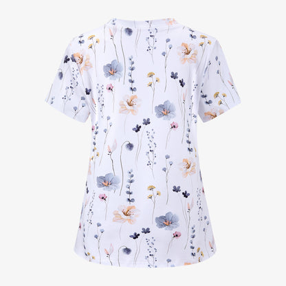XUANSHOW Summer Women Uniform Flowers Printed Work Wear Pocket Front Short Sleeve V Neck Clothes