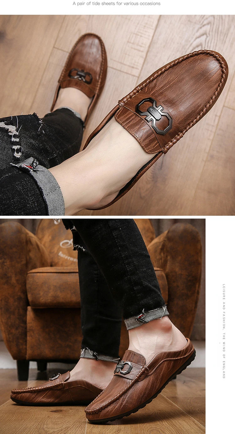 Designer Men Slippers Luxury Leather Casual Shoes for Men Breathable Soft Soled Loafers Fashion British style Men Half Slippers