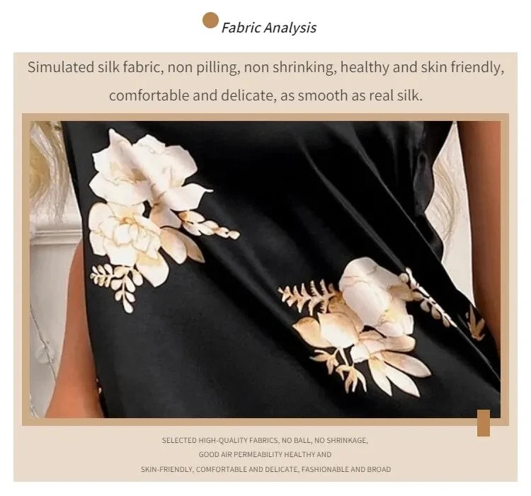 Women Nightwear Home Clothes Sexy Black Floral Printing Nightdress Sleepwear Nightshirts Silk Sleepshirts Nightgowns For Woman
