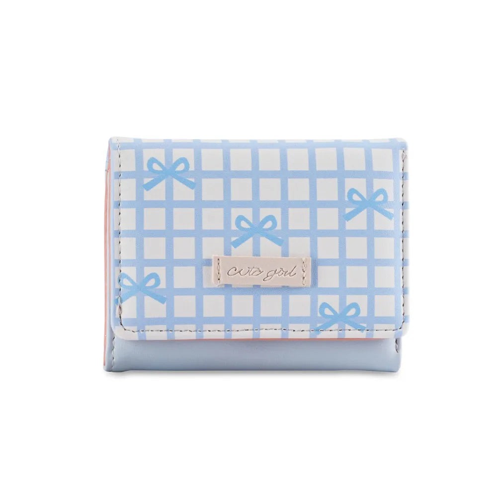 Portable Sweet Cute Tri-Fold Purses Multiple Card Slot Lattice Bow Short Wallet Candy Color PU Leather Women Card Holder Daily