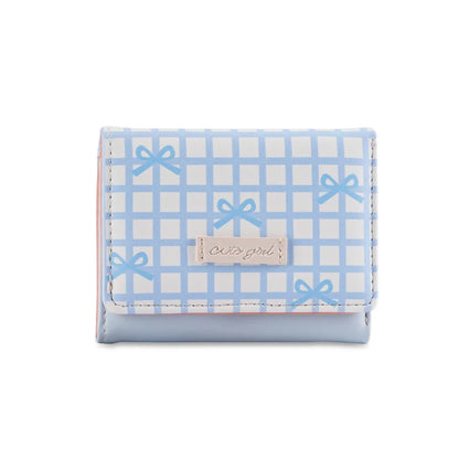 Portable Sweet Cute Tri-Fold Purses Multiple Card Slot Lattice Bow Short Wallet Candy Color PU Leather Women Card Holder Daily