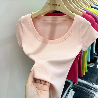Women's Clothing U-neck T-Shirts Tops Tees pure cotton shoulder sleeved summer solid color slimming short low neck bottom shirt