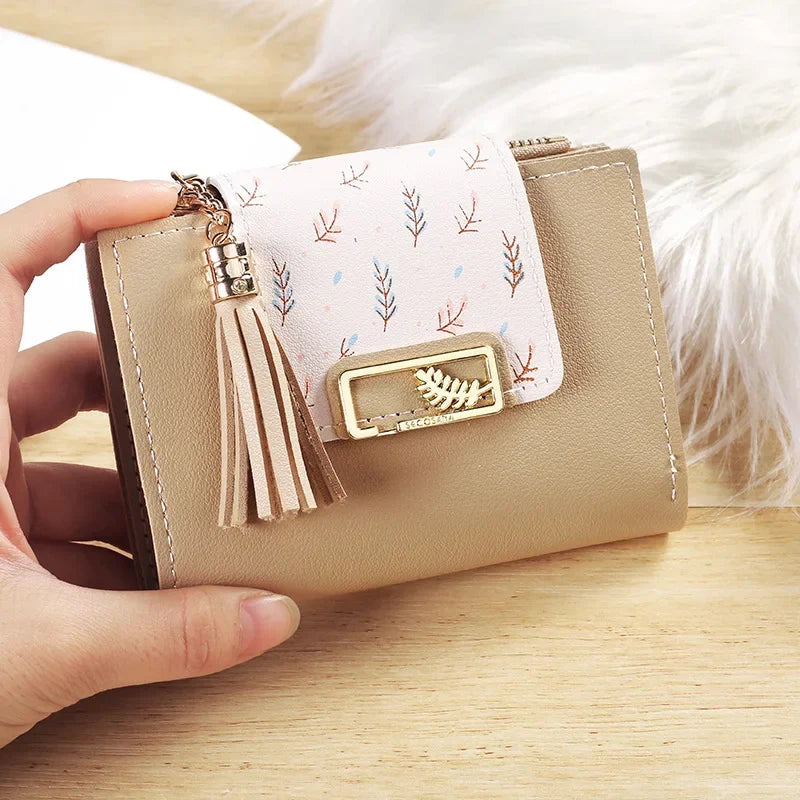 Leaf Purses For Women with Tassel Pendant Card Holder Women's Clutch Bag Short Female Wallet Coin Purse PU Cute Wallet