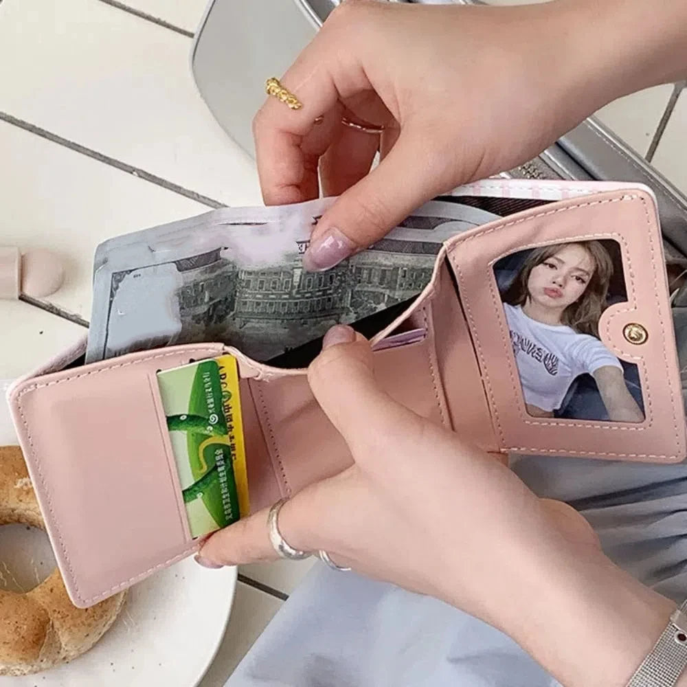 Portable Sweet Cute Tri-Fold Purses Multiple Card Slot Lattice Bow Short Wallet Candy Color PU Leather Women Card Holder Daily