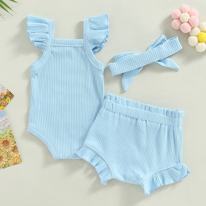 Newborn Baby Girl Clothes Summer Outfit Ruffle Sleeveless Knit Romper Top Bloomer Shorts Set