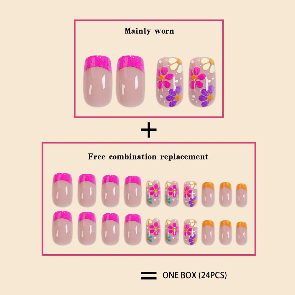 Women Girls 24Pcs/Set Middle Size quare Rose Red French Colorful Flower Full Coverage Wearable Nail Art Fake Nails