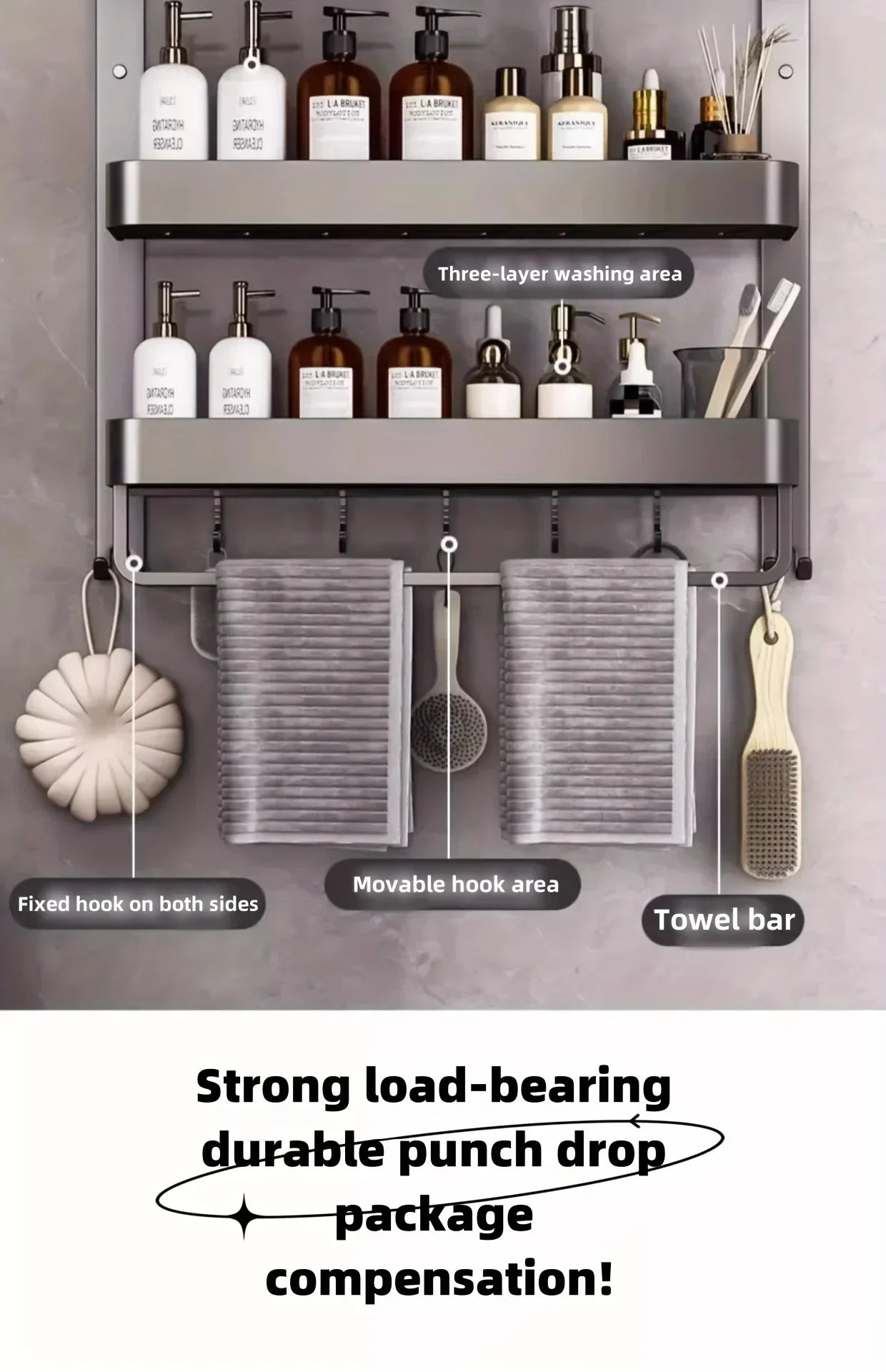 Bathroom Space Storage Towel Items Storage Rack Shampoo Bottle Mouthwash Cup Triple Shelf Wall Hooks Bathroom Accessories