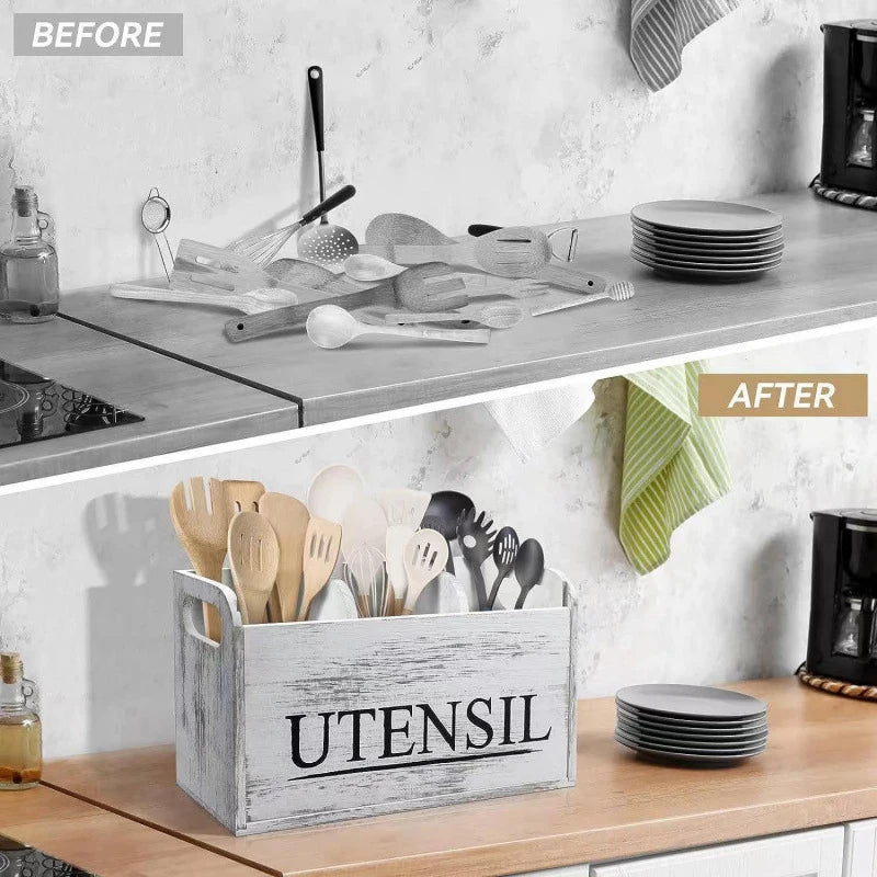 1pc Kitchen With Compartmentalized Cutlery Storage Rack, Rustic Style Wooden Countertop Organizer, Kitchenware Accessories