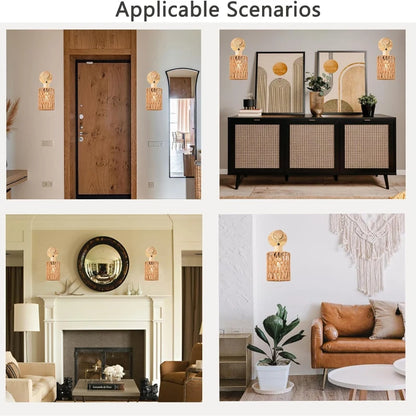 Bedroom Nursery Rattan Wall Sconces Lights Boho Wall Mount Light Fixtures Wicker Lamp
