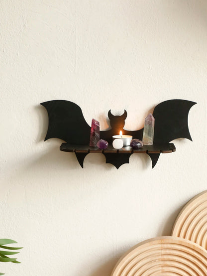 Wooden Shelf Gothic Bat Wall Hanging Decor Black Floating Shelves Display Stand Crystal Holder Witch Home Decor Halloween Decor