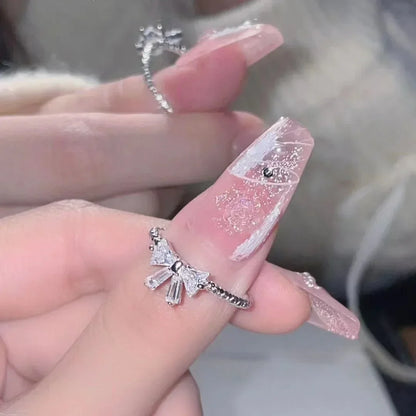Shiny White Bowknot Rings Female Girls Korean Exquisite Jewelry Open Ring with Shiny Bow Tie Zircon for Party Lovers Gifts