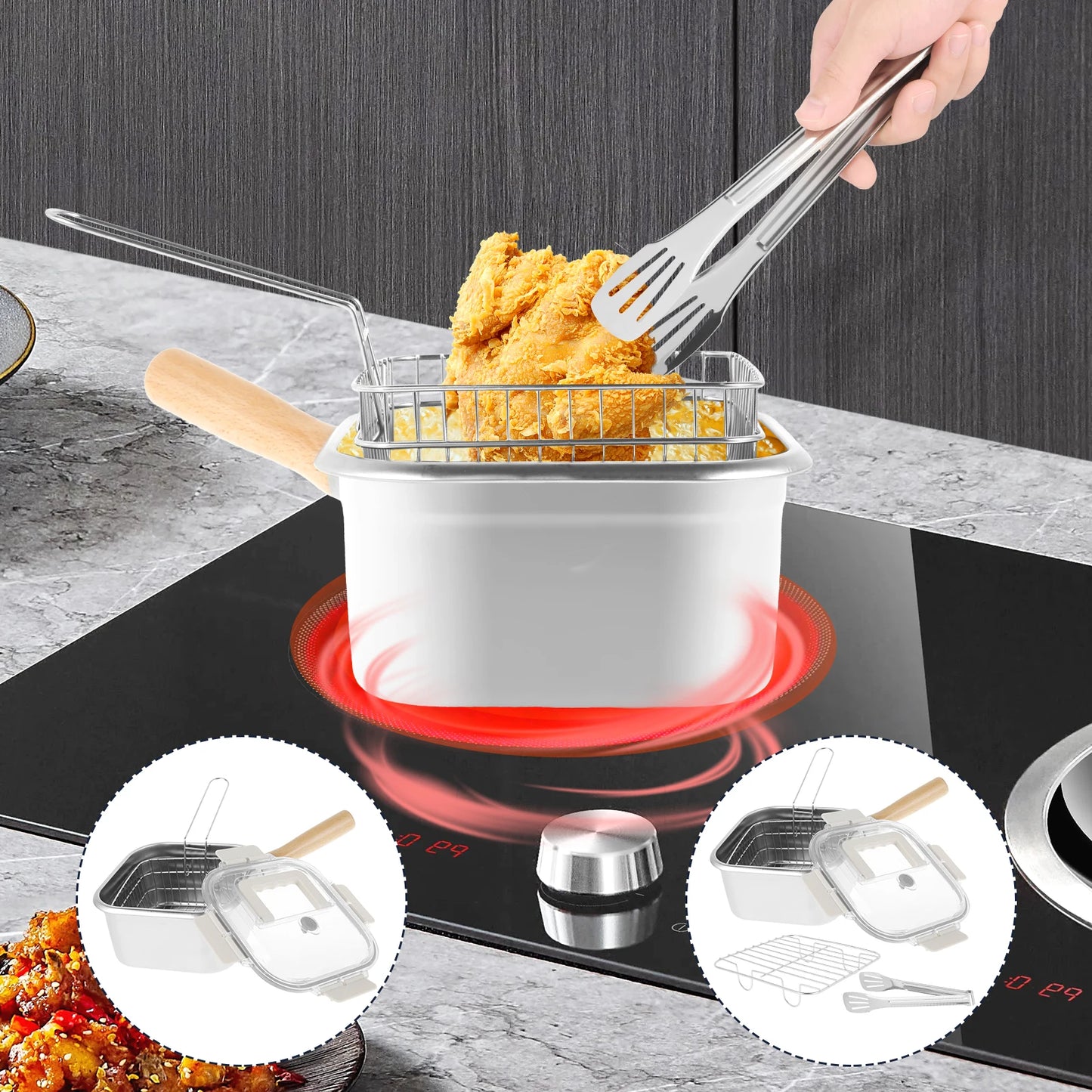 Stainless Steel Deep Fryer Pot set with Basket and Fried Mesh and Steam Rack Square Deep Frying Pot Multifunctional Cooking Pan
