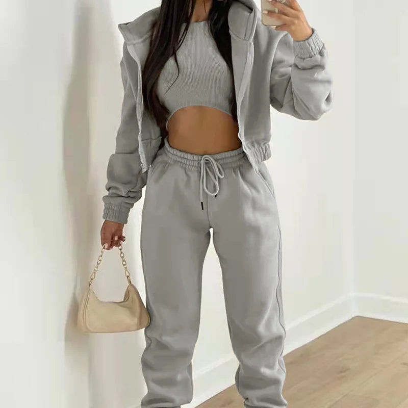 Women's 3-piece Trousers Velvet Hooded Sweatshirt Sports Casual Outfit Casual Long Sleeve Ribbed High Waist Pant Suits Sporty