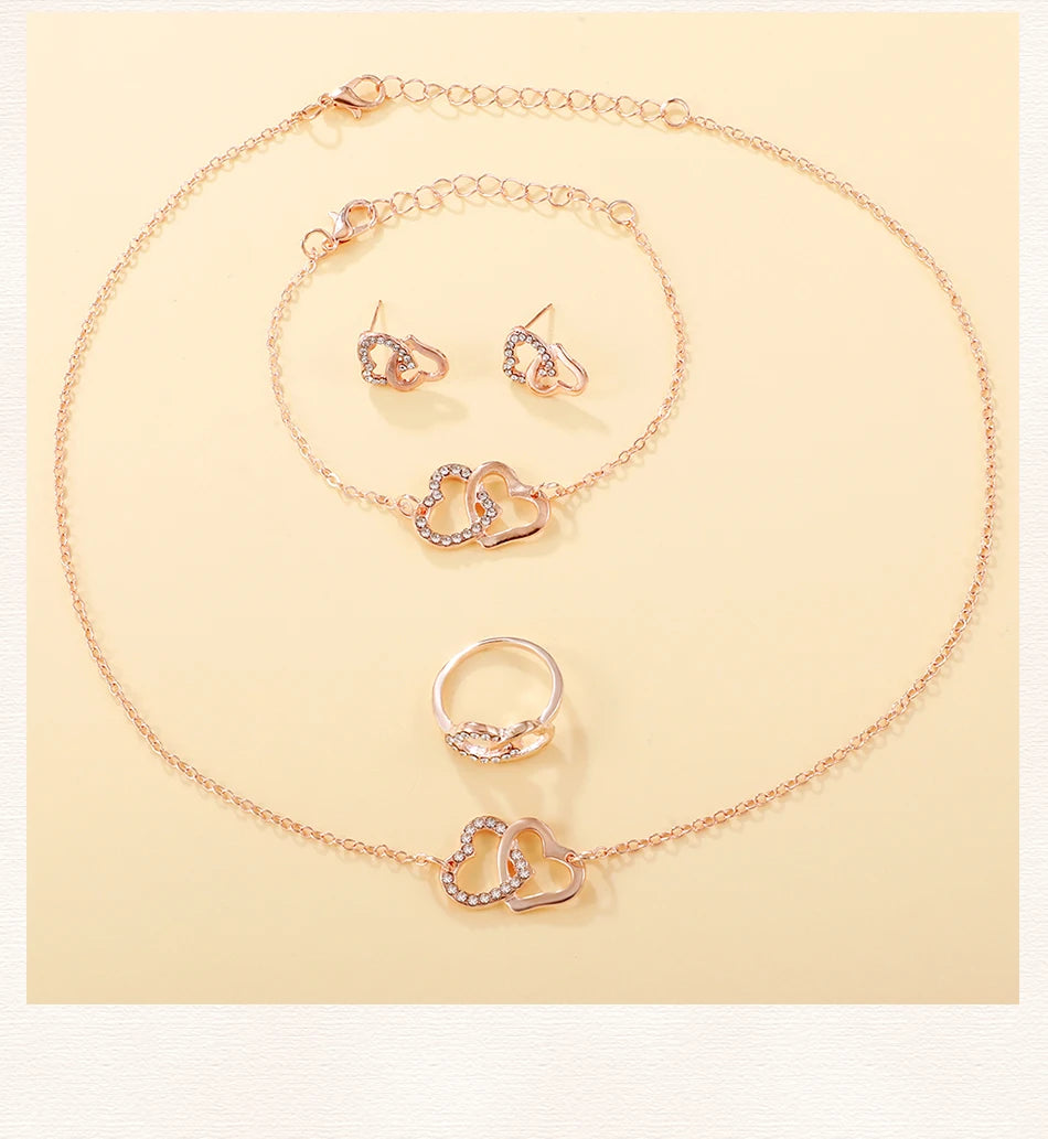 6PCS Set Rose Gold Luxury Watch Women Ring Necklace Earring Rhinestone Fashion Wristwatch Casual Ladies Bracelet Watches