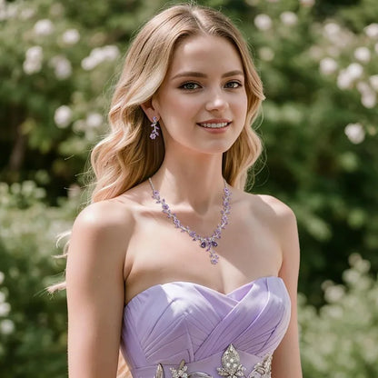 Women's Wedding Jewelry Leaf Cluster Flower Crystal Dangle Earrings Pendant Necklace Set for Bridal