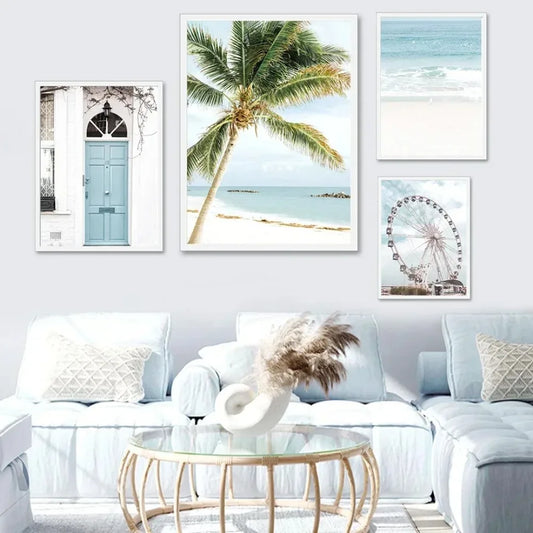 Wall Art Canvas Painting Nordic Palm Tree Sea Beach Flower Bird Seascape Posters and Prints Wall Pictures for Living Room Decor