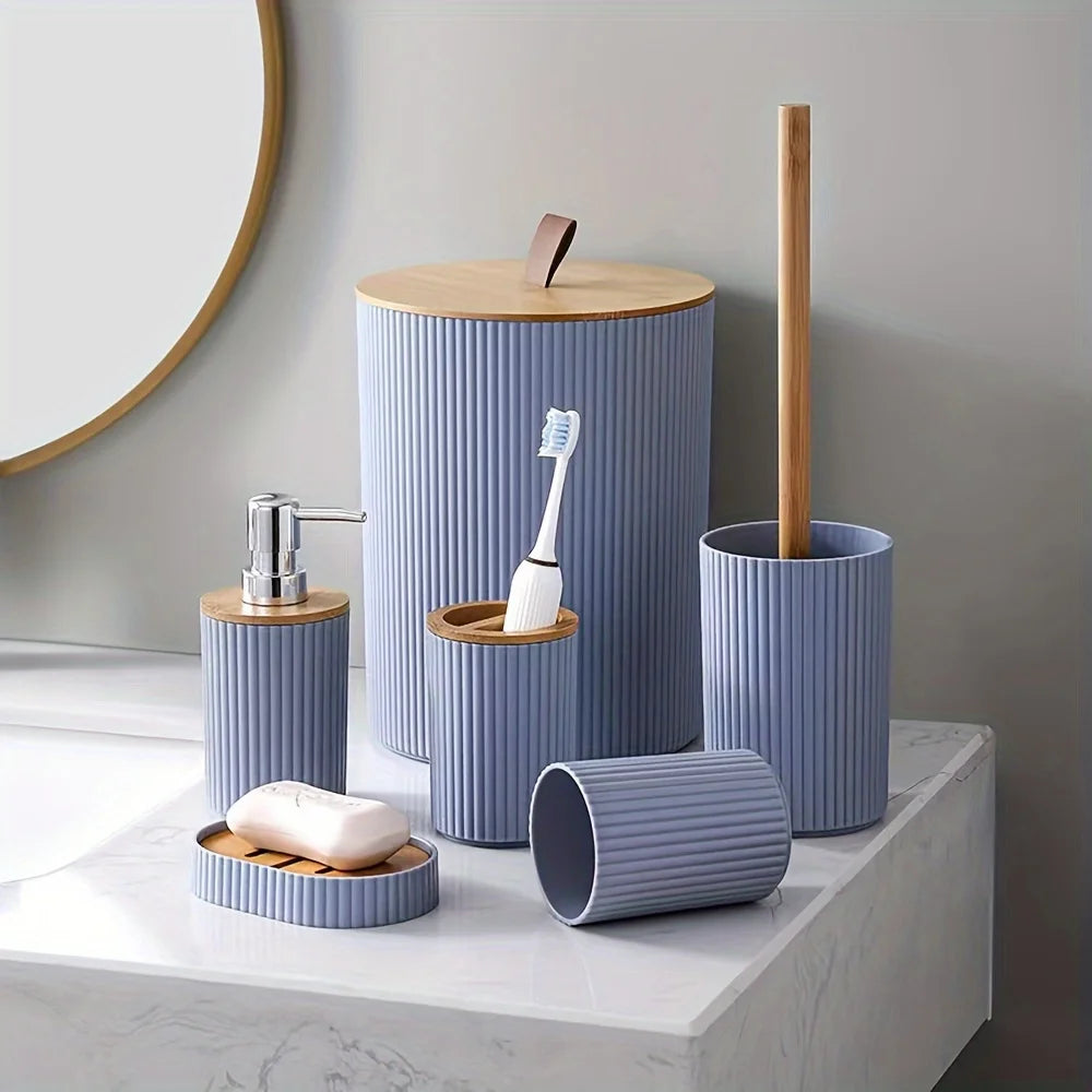 Modern Bathroom Essentials Set/Includes Toothbrush Holder, Waste Bin, Toilet Brush, Cup, Soap Dish and Soap Dispenser