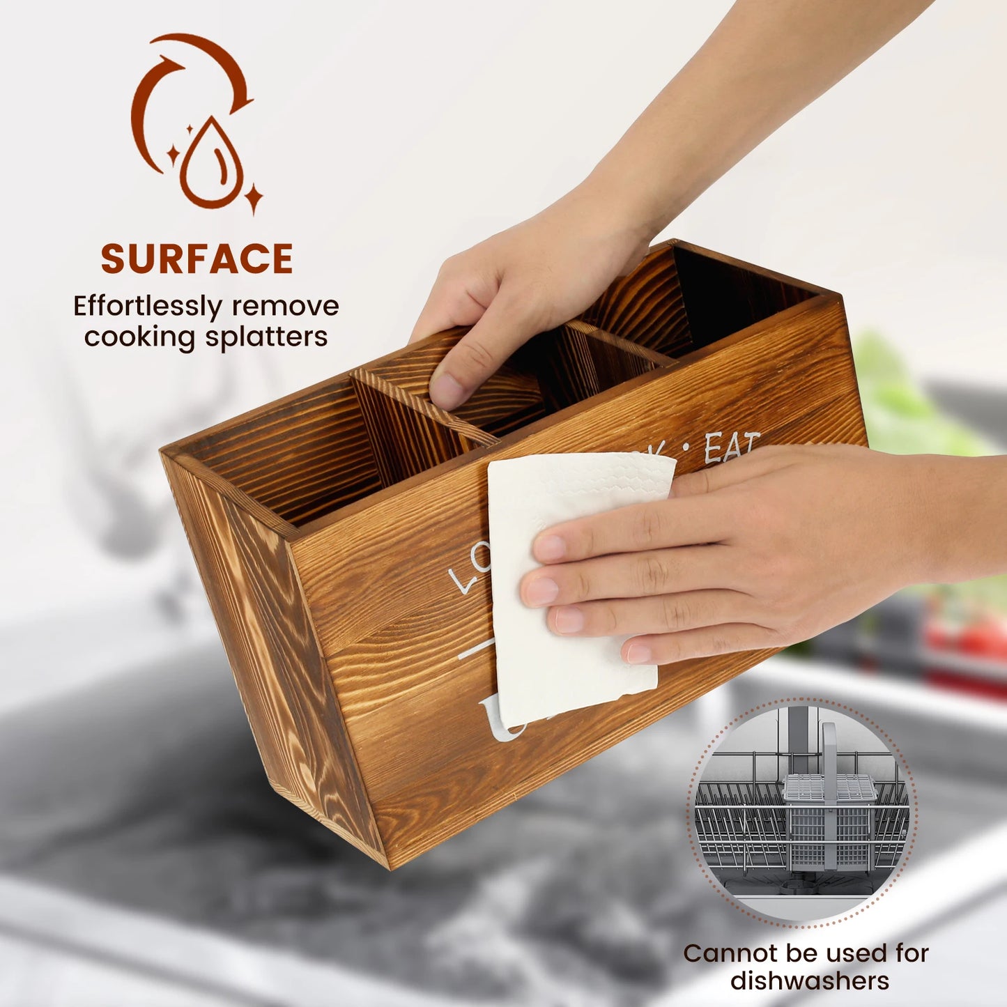 Kitchen Countertop Organizer and Cooking Tools Storage Wooden Kitchen Utensil Holder 3 Compartments Sturdy Silverware Holder