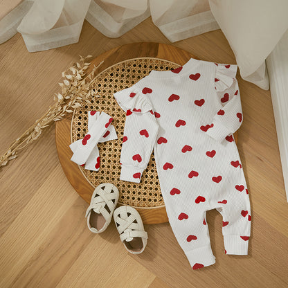 Ruffle Long Sleeve Infant Baby Girls Romper Kids Clothes Cute Heart Print Rib Jumpsuit+Headdress Valentine's Day Kids Playsuit