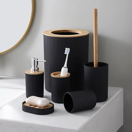 Modern Bathroom Essentials Set/Includes Toothbrush Holder, Waste Bin, Toilet Brush, Cup, Soap Dish and Soap Dispenser