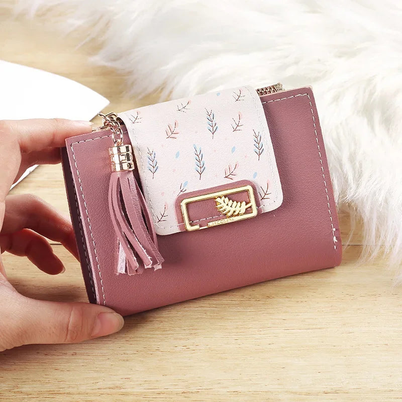 Leaf Purses For Women with Tassel Pendant Card Holder Women's Clutch Bag Short Female Wallet Coin Purse PU Cute Wallet