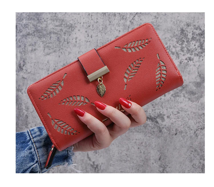 2024 new women's purse sweet lady PU leather horizontal zipper women's medium long hollow leaf purse