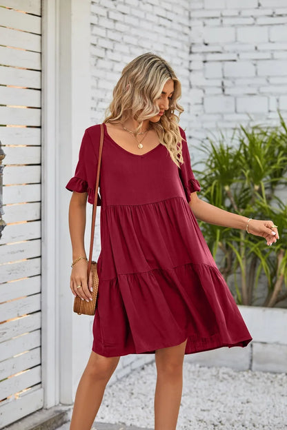 Women Clothes Summer Ruffle V Neck Short Sleeve Solid Cotton Beach Midi Dress Trendy Loose Simple Elegant Party Dresses Vestidos