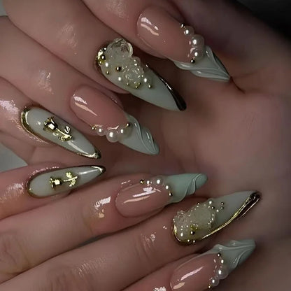 24 fake nails, duck nails almond nails fashionable wearable nails, ladies press nails, including 1 nail glue and 1 nail file