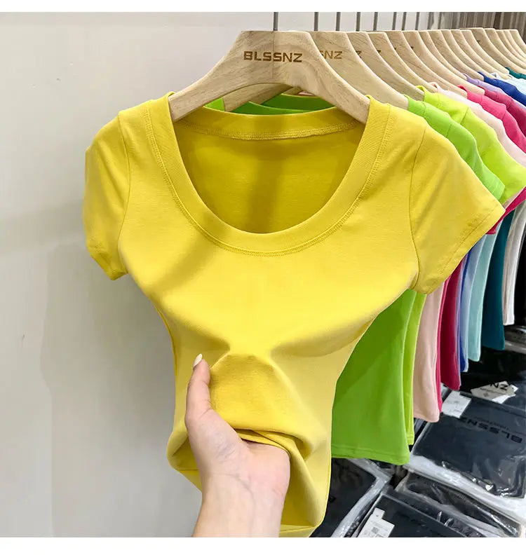 Women's Clothing U-neck T-Shirts Tops Tees pure cotton shoulder sleeved summer solid color slimming short low neck bottom shirt