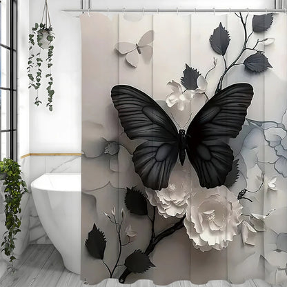 Black Butterfly Floral Shower Curtain, Bathroom Decorative Shower Curtain, Waterproof Shower Curtain with Hooks
