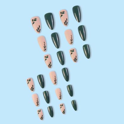 24pcs/box Women Long Almond Shaped False Nails Green Leaves Diy Fake Nail Artificial Acrylic Wearable Full Coverage Fingernail