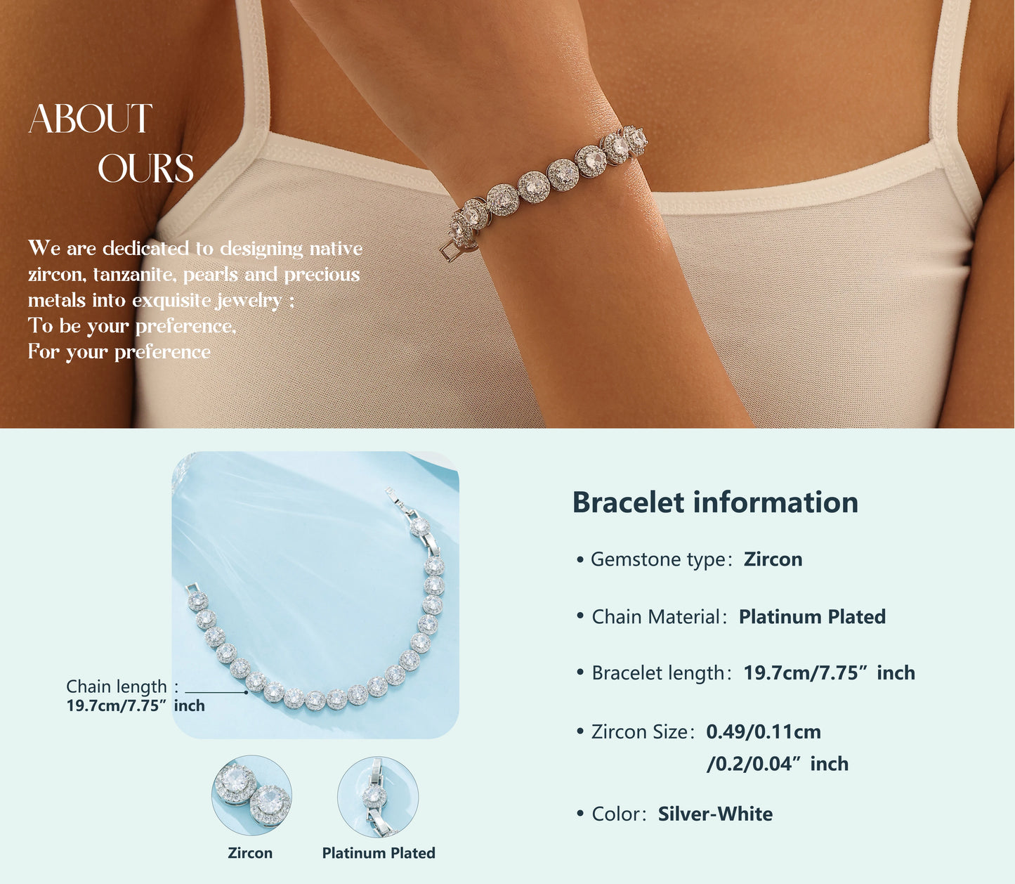 Luxury Zircon Chunky Bracelets For women Round Zirconia Stone Wedding Engagement Women Bracelet Jewelry Gift