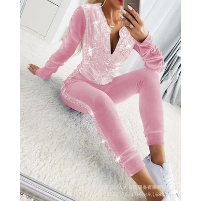 Women's Long Sleeve Zipper Coat Top High Waist Pencil Pants Trousers Sports Suit Autumn Winter New Velvet Beads Slim Fit Suit