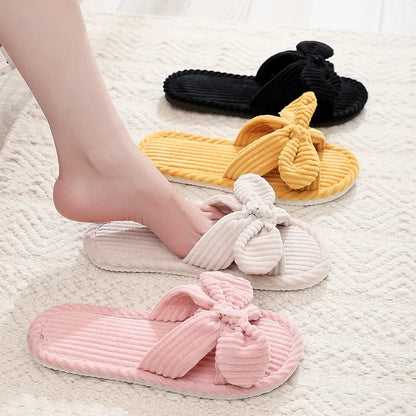 Summer House Slippers for Women Corduroy Cross Bow Indoor Slippers Slip On Bedroom Shoes with Soft Memory Foam Anti-Skid Shoes