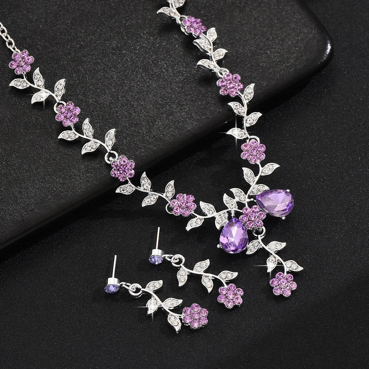 Women's Wedding Jewelry Leaf Cluster Flower Crystal Dangle Earrings Pendant Necklace Set for Bridal