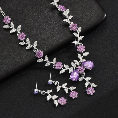 Women's Wedding Jewelry Leaf Cluster Flower Crystal Dangle Earrings Pendant Necklace Set for Bridal