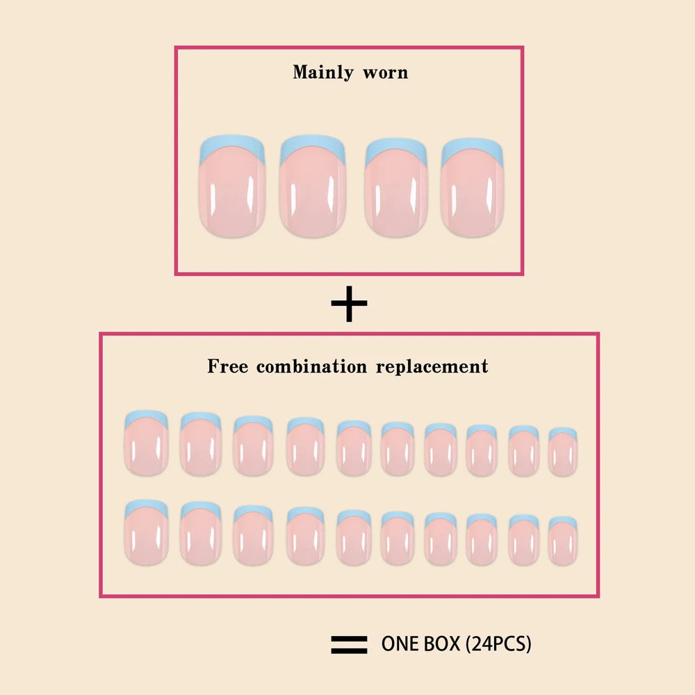 24Pcs/Set Women Girls Short French Light Blue Pink Dual Color Glossy Surface Full Coverage Wearable Fake Nail Press on Nail Art