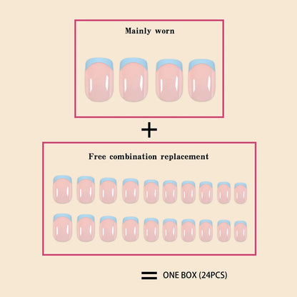 24Pcs/Set Women Girls Short French Light Blue Pink Dual Color Glossy Surface Full Coverage Wearable Fake Nail Press on Nail Art