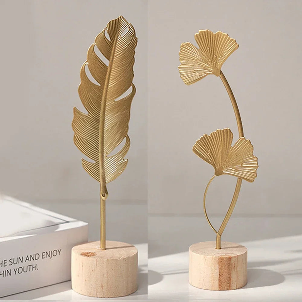 1pc Golden Ginkgo Leaf Feather Metal Model Figurines Manual Desktop Crafts Ornaments Photo Props Statues Sculptures Home Decor