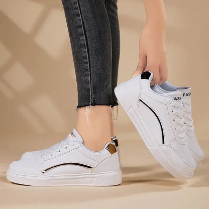 Women Casual Shoes Lace Up White Shoes Board Flat Female White PU Leather Walking Sneakers Thick Sole Outdoor Luxury Fashion