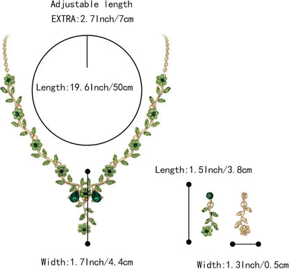 Women's Wedding Jewelry Leaf Cluster Flower Crystal Dangle Earrings Pendant Necklace Set for Bridal