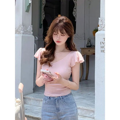 Women Clothes Summer Casual Fashion Simplicity Solid Color V-neck Tops Women's Trend All-match Sweet Temperament Slim T-Shirt
