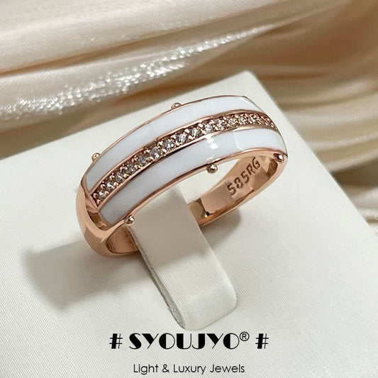 SYOUJYO White Enamel Rings For Women Natural Zircon Full Paved 585 Rose Gold Color Glossy Simple Stylish Daily Wear Jewelry