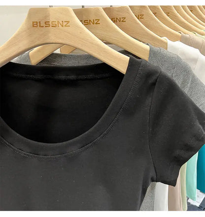 Women's Clothing U-neck T-Shirts Tops Tees pure cotton shoulder sleeved summer solid color slimming short low neck bottom shirt