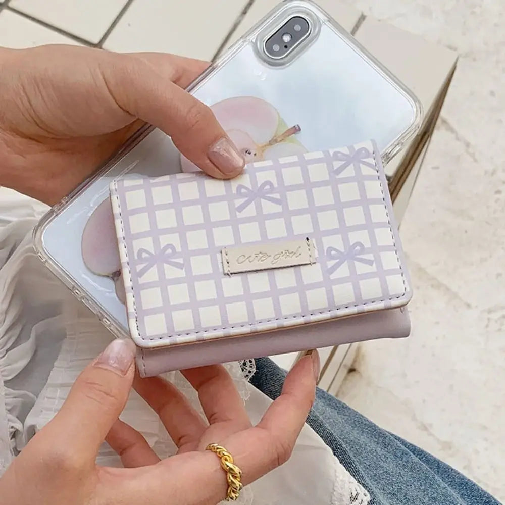 Portable Sweet Cute Tri-Fold Purses Multiple Card Slot Lattice Bow Short Wallet Candy Color PU Leather Women Card Holder Daily