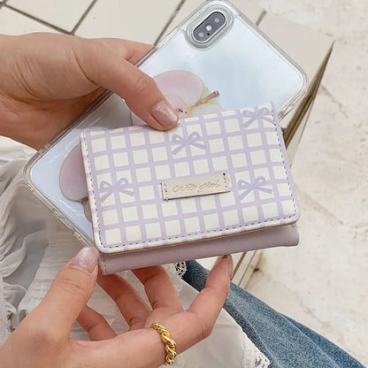 Portable Sweet Cute Tri-Fold Purses Multiple Card Slot Lattice Bow Short Wallet Candy Color PU Leather Women Card Holder Daily